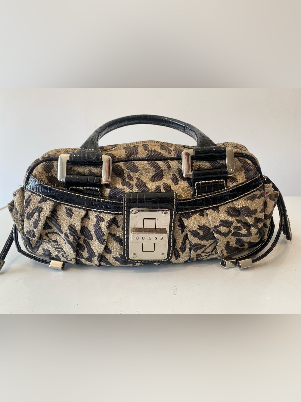 Vintage Y2K Guess Leopard Jacquard Satchel Purse Black Patent Croc Animal Print